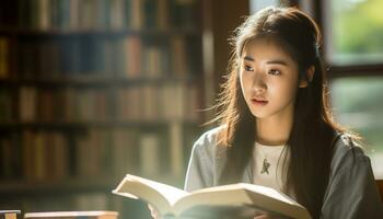 asian girl reading a book in the library photo