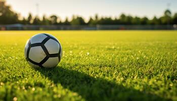 Photo of a ball in the middle of a soccer field Generative AI