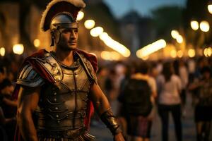 un calle ejecutante vestido como un romano gladiador un foto de un corredor corriendo mediante un ciudad parque ai generativo