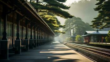a quiet train station with a backdrop of mountains and pine trees Ai Generative photo