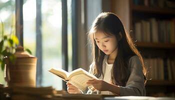 asiático niña leyendo un libro en el biblioteca foto