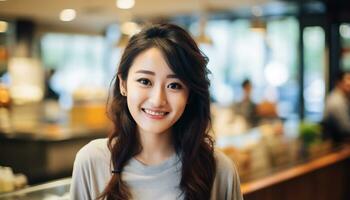 Asia woman delicate face cute smile looking to camera AI Generative photo