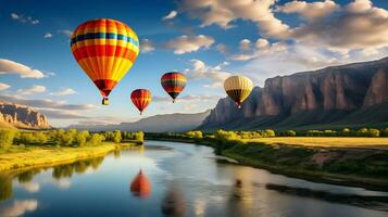 caliente aire globo terminado un paisaje de ríos y montañas generativo ai foto