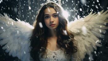 Innocent Young girl with Long Blond Hair with angel wing AI Generative photo