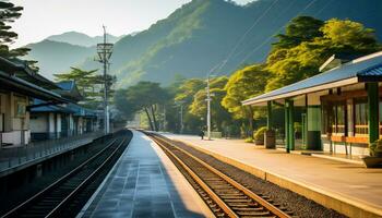 a quiet train station with a backdrop of mountains and pine trees Ai Generative photo