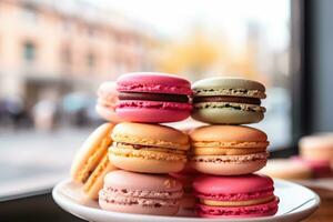 Colorful macarons are arranged in a shop display AI Generative photo