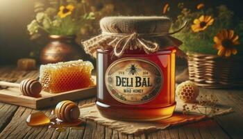 A photo showcasing a rustic jar of Deli Bal on a wooden table, accompanied by fresh honeycombs and wildflowers. AI Generated