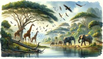 Watercolor landscape capturing the beauty of an African tropical jungle. The side of a tranquil river, surrounded by lush trees. Majestic giraffes and robust elephants roam the landscape. AI Generated photo