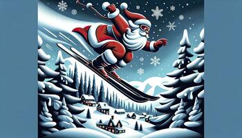 A Santa Claus character of diverse descent, performing an impressive ski jump. AI Generative photo