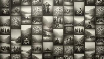 A sophisticated wallpaper design featuring iconic landscapes and portraits, each exuding the rich grayscale tones of platinum printing. AI Generated photo