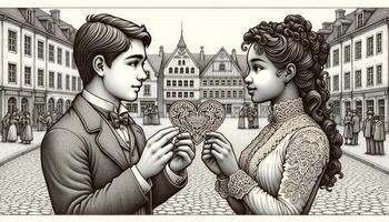 Young man and woman exchange heart-shaped cards in a picturesque town square. Their tender expressions and the intricate details of the cards and surroundings are beautifully captured. AI Generated photo