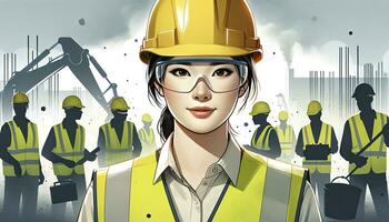 A close-up portrait of a female construction worker with a dynamic background. AI Generative photo