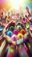 The poster shows a close-up of hands holding colorful Holi powders, symbolizing inclusivity. AI Generative photo