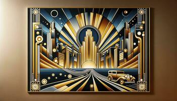 A vibrant Art Deco wall mural depicting a stylized cityscape at night, featuring skyscrapers, sunbursts, and streamlined vehicles in gold, silver, and deep blue. AI Generated photo