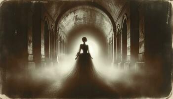 Sepia tones and grunge texture, depicting a spectral figure of a woman in a vintage dress in a foggy tunnel. AI Generated photo