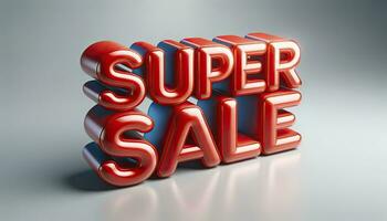 3D rendered text that reads 'SUPER SALE' in bold, vibrant red letters. AI Generative photo