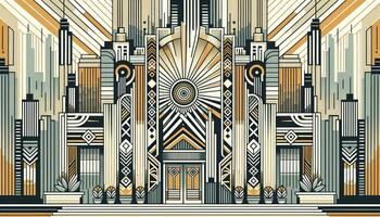 Art Deco architectural facade, capturing the symmetrical patterns, ornate details, and streamlined shapes that define the style, set against a lively cityscape backdrop. AI Generated photo