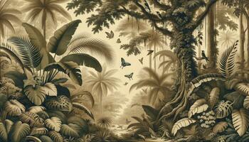 Depicting a vintage tropical jungle wallpaper with lush leaves, birds, and butterflies, giving it an old drawing feel. AI Generated photo