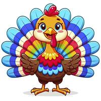 A cartoon turkey with colorful feathers standing proudly. AI Generated photo