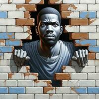 A man, of African descent, with an expression of determination, has partially emerged from a painted brick wall. AI Generative photo