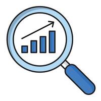 A magnifying glass icon with a graph, representing data analysis, data exploration, data visualization, statistics, analytics, performance, and results. vector