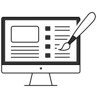 un ordenador personal pantalla icono con opciones y un cepillar, representando computadora edición, imagen edición, foto edición, diseño software, y creativo software. vector