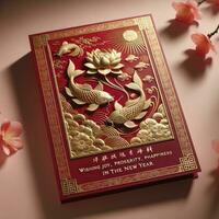 A style greeting card with koi fish, a lotus flower, and festive wishes. AI Generative photo