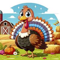 A cartoon turkey with colorful feathers in a playful style, set against a farm background with haystacks and a barn. AI Generated photo