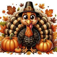 A whimsical turkey surrounded by autumn leaves and pumpkins, in a caricatured style with warm fall colors. AI Generated photo