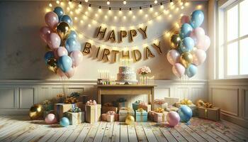 un festivo cumpleaños escena es conjunto en un brillantemente iluminado habitación con decoraciones, un pastel, globos, y regalos. ai generativo foto