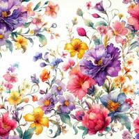 hermosa primavera floral sin costura patrones con flores hojas púrpura y rosado en blanco antecedentes. mano dibujar foto