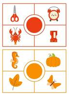 Learning colors worksheet for kids. Red and orange color flashcard. vector