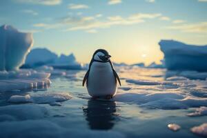 Isolated Penguin Marooned on a Miniature Ice Floe, ai generative photo