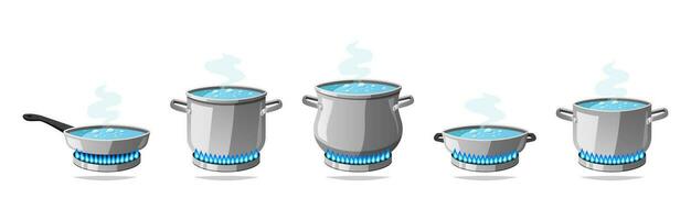 Cooking kitchen pots. Cooking boiling water on a gas stove. vector