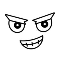 Brave cartoon face emotion expression with thick eyebrows and sharp eye, shown grin mouth teeth shape outline vector drawing isolated on square white background.