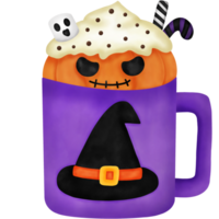 aguarela dia das Bruxas beber com fantasma marshmallow, assustador abóbora, doce bengala, açúcar flocos e açoitado creme. png