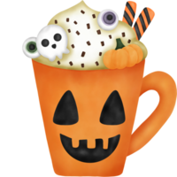 acquerello Halloween bevanda con cranio caramella, occhio palla gelatina, zucca, caramella, zucchero fiocchi e frustato crema. png