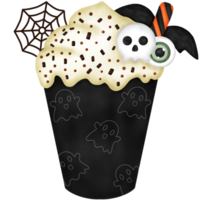 Watercolor Halloween Drink with Skull Candy, Eye Ball Jelly, Chocolate Spider Web and Whipped Cream. png