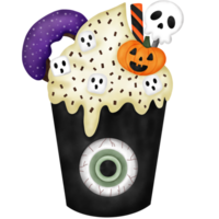 Watercolor Halloween Drink with Spooky Pumpkin, Ghost Marshmallow, Skull candy, Donut and Whipped Cream. png