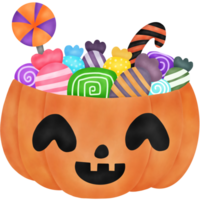 Watercolor Spooky Pumpkin Bucket with Candy. Halloween Pumpkin png