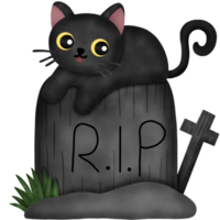 Watercolor Halloween Black Cat with Gravestone png