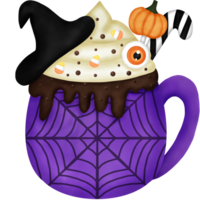 Watercolor Halloween Drink with Witch Hat, Eye Ball Jelly, Pumpkin Candy, Candy and Whipped Cream. png