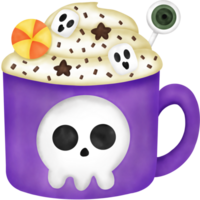 acquerello Halloween bevanda con occhio palla caramella, caramella, zucchero fiocchi, fantasma marshmallow e frustato crema. png