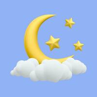 3d realistic yellow crescent moon with stars and clouds. Dream, lullaby, dreams design background for banner, brochure, booklet, poster or website. Vector illustration