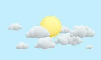 3d realistic blue sky with clouds and sun in cartoon style. Vector illustration