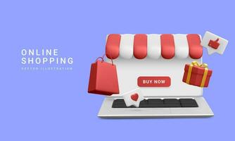 3d realistic laptop, shopping bag and gift box in cartoon style on white background. Online shopping design. Concept of quick and easy search and purchase of products. Vector illustration