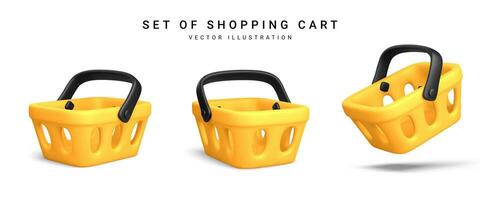 Set of 3d realistic yellow plastic shopping cart isolated on white background. Vector illustration