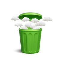 3d realistic minimal open rubbish can with trash clouds output isolated on white background. Environment concept. Air waste. Vector illustration