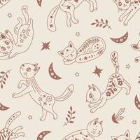 Celestial seamless pattern with boho cats in doodle style vector