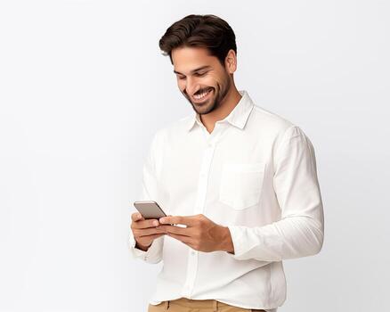 Smiling handsome young man in comfortable shirt browsing social media on mobile phone while standing on white background photo